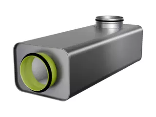 Angle sound attenuator for circular ducts